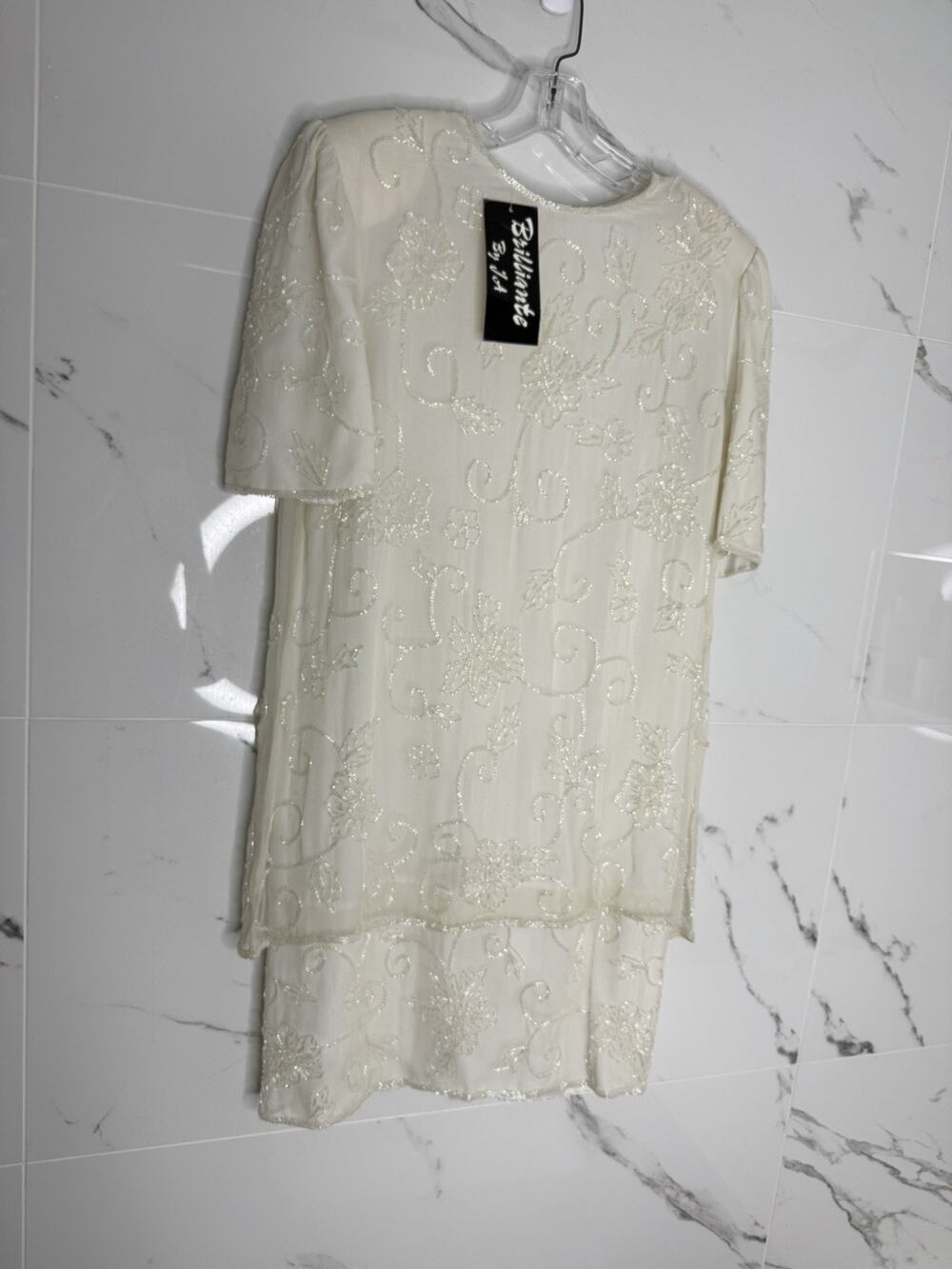 Vtg NWT White Silk Dress Brilliante J.A Beaded Scalloped M Formal Event Bridal